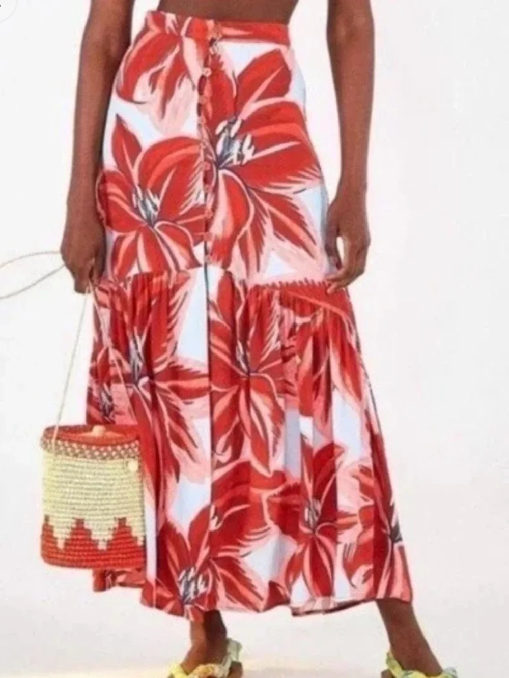 Floral Tiered Midi Skirt - Red Floral Small - Picture 3 of 6